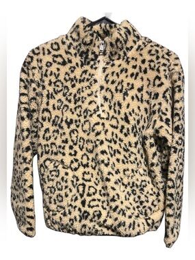 Polo by Ralph Lauren Beige and Black Leopard Sherpa Half-Zip Pullover Girls L